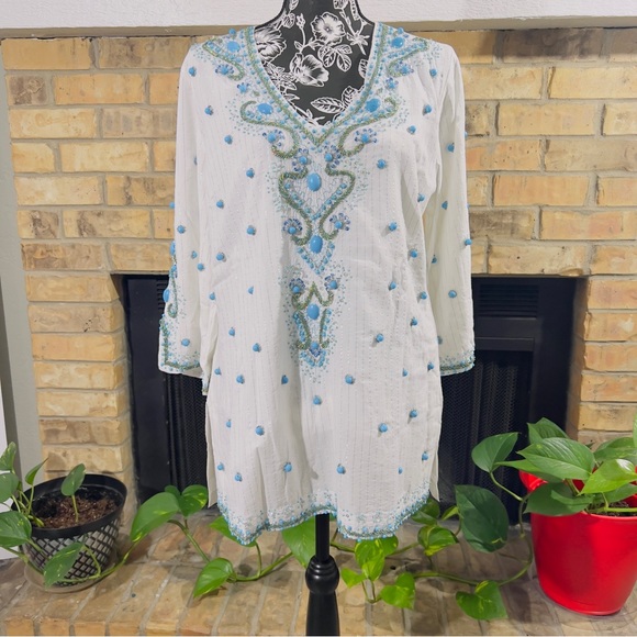 Boston Proper Embellished Tunic White with Turquoise Baubles ~ M NWT - Picture 4 of 12